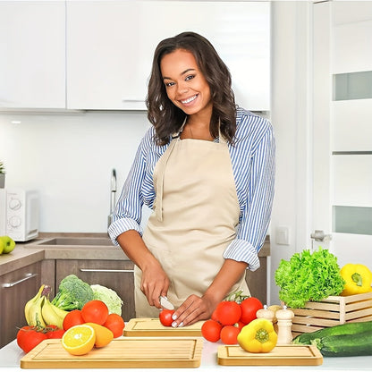 Set of 3 bamboo cutting boards with juice grooves, perfect for chopping meat and veggies. Features easy grip handles and makes a great kitchen gadgets gift.