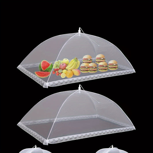 Large festive food cover with white mesh canopy and lace design for outdoor gatherings, picnics, barbecues, camping, and kitchen organization.