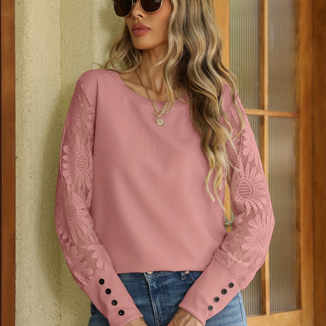 Elegant lace spliced T-shirt for women ideal for spring and fall.