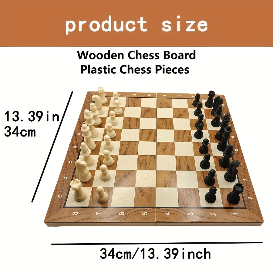 1pc 3-in-1 wooden chess board game for adults, includes backgammon and checkers.