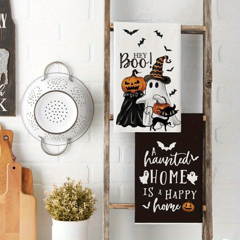 Set of 4 Kitchen Towels measuring 18 x 66.04 cm, ideal for spooky Halloween decorations in homes, kitchens, restaurants, and parties. Features a haunting design with ghosts, pumpkins, bats, and a cat in a classic black and white pattern.