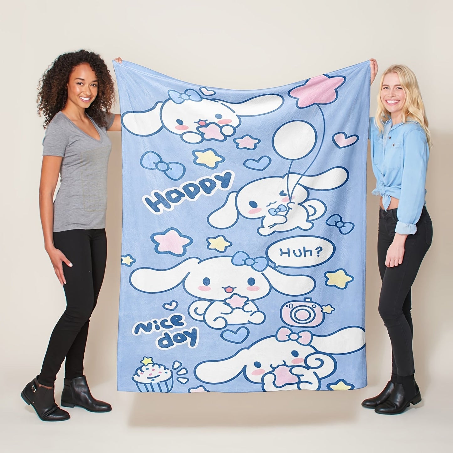 Soft and warm Sanrio Cinnamoroll plush flannel throw blanket featuring a cozy cartoon print. Perfect for adding a touch of cuteness to your bedroom, living room, or for taking on camping trips and travel adventures. This multi-purpose gift is sure to