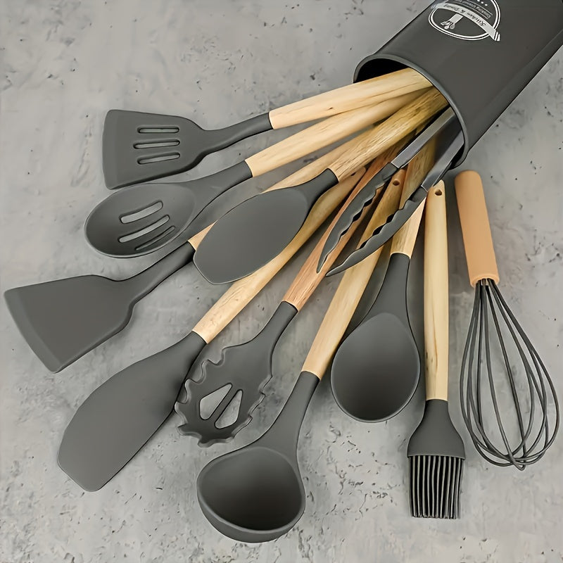 Silicone Kitchen Utensil Set with Wooden Handles - 12 Pieces, Non-Stick, Safe, and Hygienic for Home, Dorm, and Restaurant Use - Complete with Stand and Silicone Cooking Tools