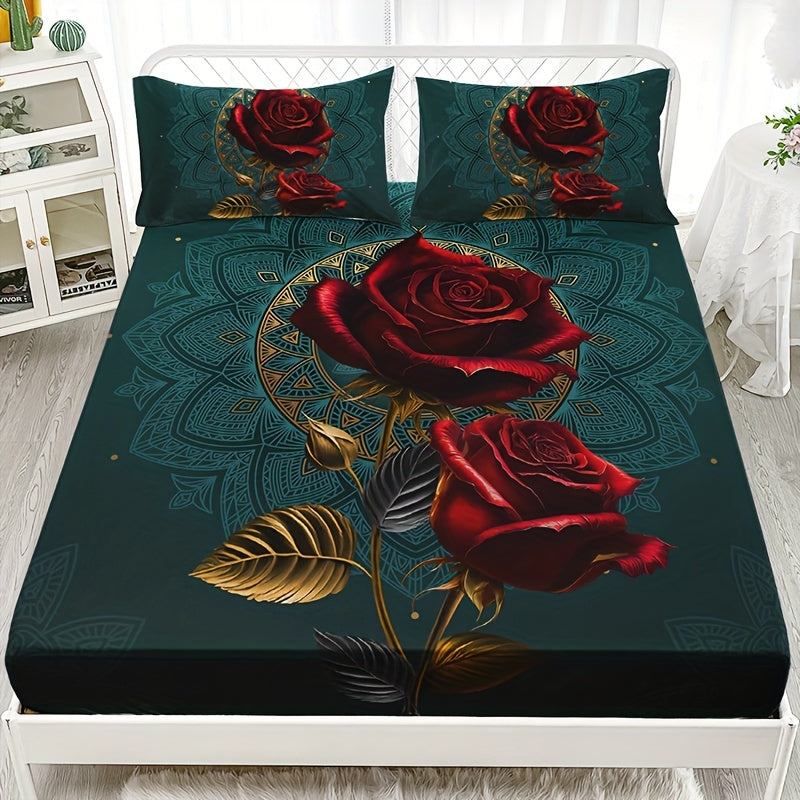 Bedding set featuring an elegant rose floral print - vibrant red roses with golden accents. Made with breathable polyester for all-season comfort. Set includes 1 deep pocket fitted sheet and 2 pillowcases. Machine washable for easy care.