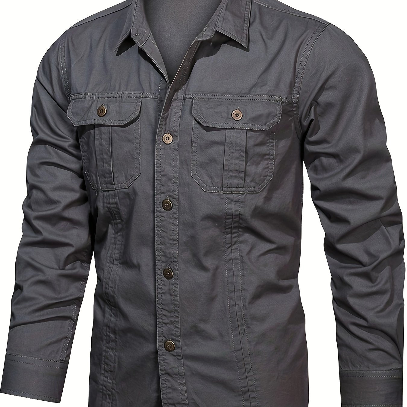 Men's breathable cotton cargo shirts for outdoor activities in spring and fall, featuring long sleeves and chest pockets.