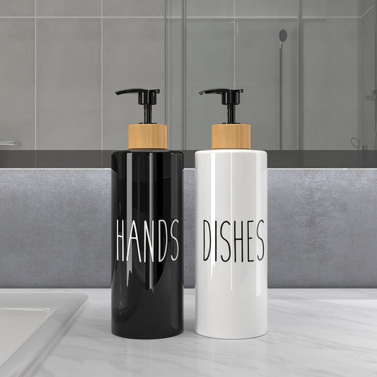 Set of 2 refillable soap dispensers with 16.91oz PET plastic bottles and wooden tray for kitchen use.