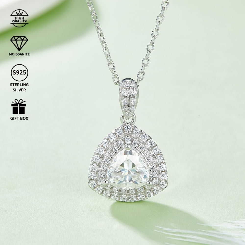 Experience elegance with the SEVENMOONS Luxury Moissanite Jewelry Set. Crafted with 925 sterling silver and platinum plating, this set features a stylish triangle pendant necklace and matching stud earrings. Perfect for adding a touch of glamour to any