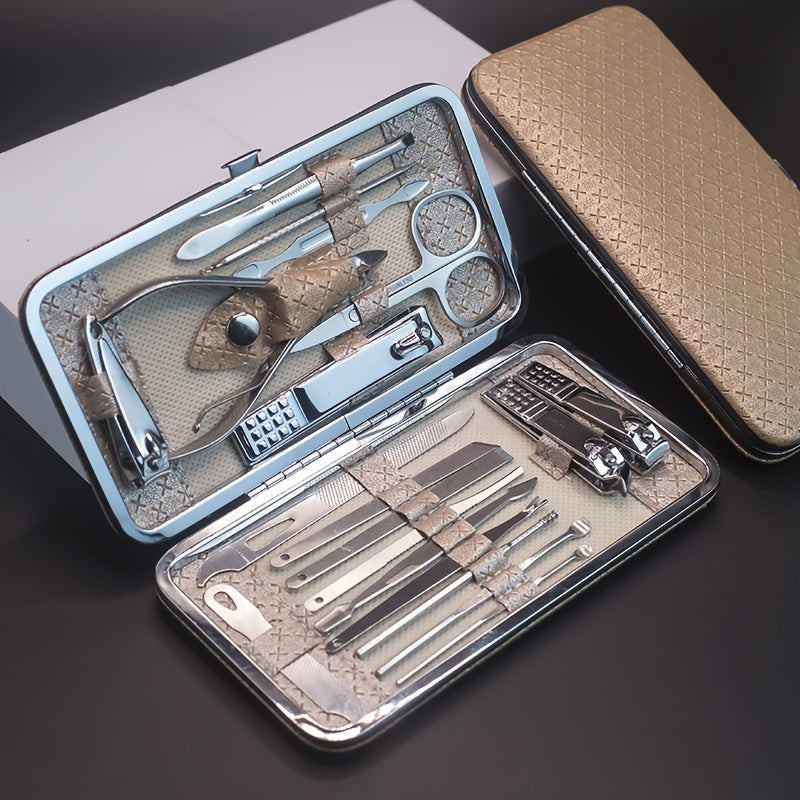 Manicure and pedicure set with nail clippers, files, ear spoon, and portable case for nail care at home or on-the-go.