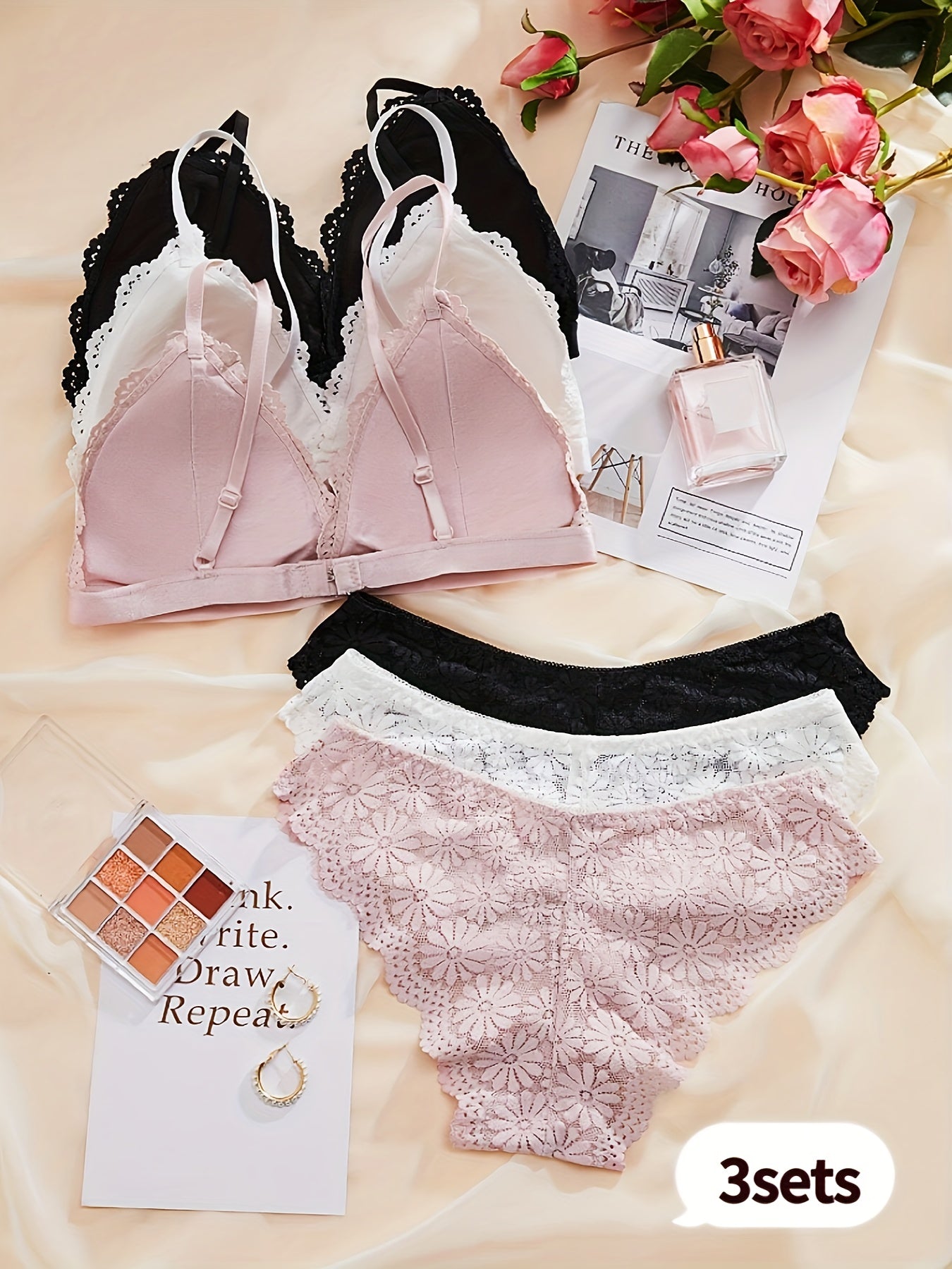 3-piece floral lace bra and panty set with romantic triangle cup bra and scalloped panties.