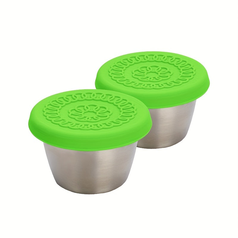 Stainless steel salad sauce containers with leakproof lids, ideal for lunch, dipping sauces, and picnics.