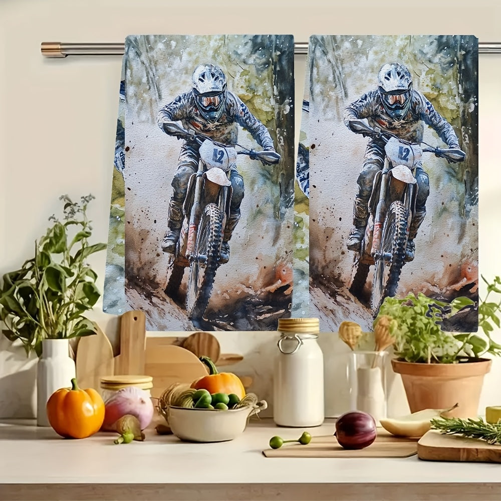 Set of 2 Ultra Soft Kitchen Towels with Enduro Bike Rider Design, Super Absorbent & Easy to Clean Dish Hand Towels, 40.64x60.96 cm - Ideal for Holiday Decor and Daily Use, Kitchen Towels