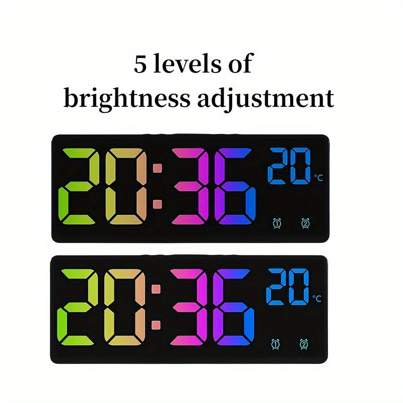 NieNie Digital Alarm Clock features voice control, dual alarm, night mode, adjustable brightness levels, snooze function, temperature and date display, USB powered, 12/24-hour time format, and a rectangular shape with a flat crown. The clock also has a