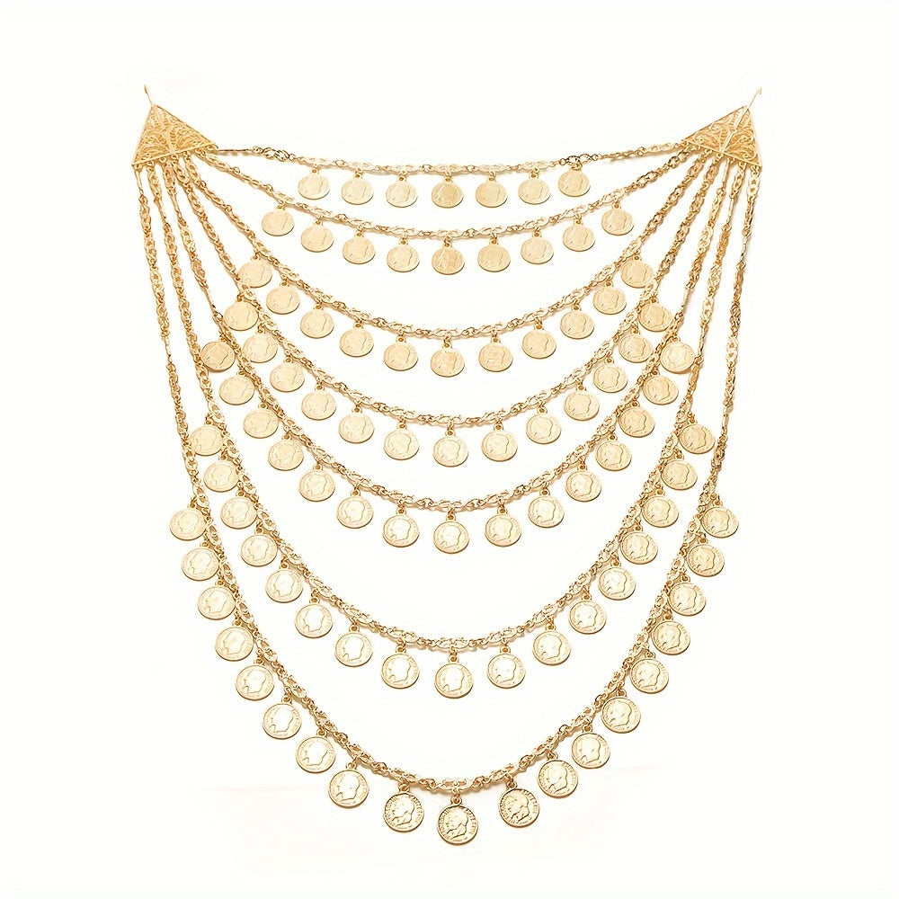 A stunning chest chain for a luxurious Arabic bride, featuring heavy handmade metal gold-plated portrait coin links. Perfect for adding elegance to wedding dress body accessories, this piece embodies the beauty of Algerian cultural traditional jewelry.