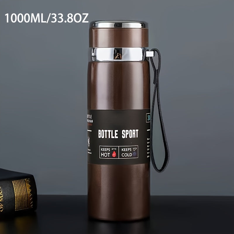 Stainless steel 1000ml vacuum insulated water bottle with portable strap, BPA-free, keeps hot/cold for sports and outdoor activities, hand wash only.