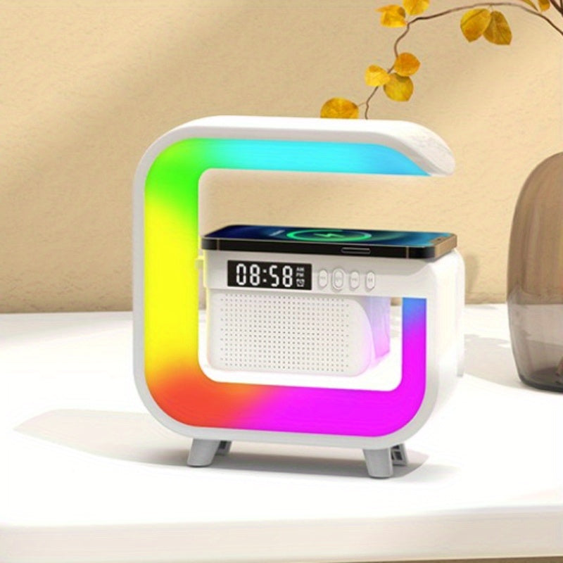 Multifunctional wireless music station with atmosphere light, alarm clock, 24-hour time display, wireless charging, TF card MP3 playback for use in home bedroom.