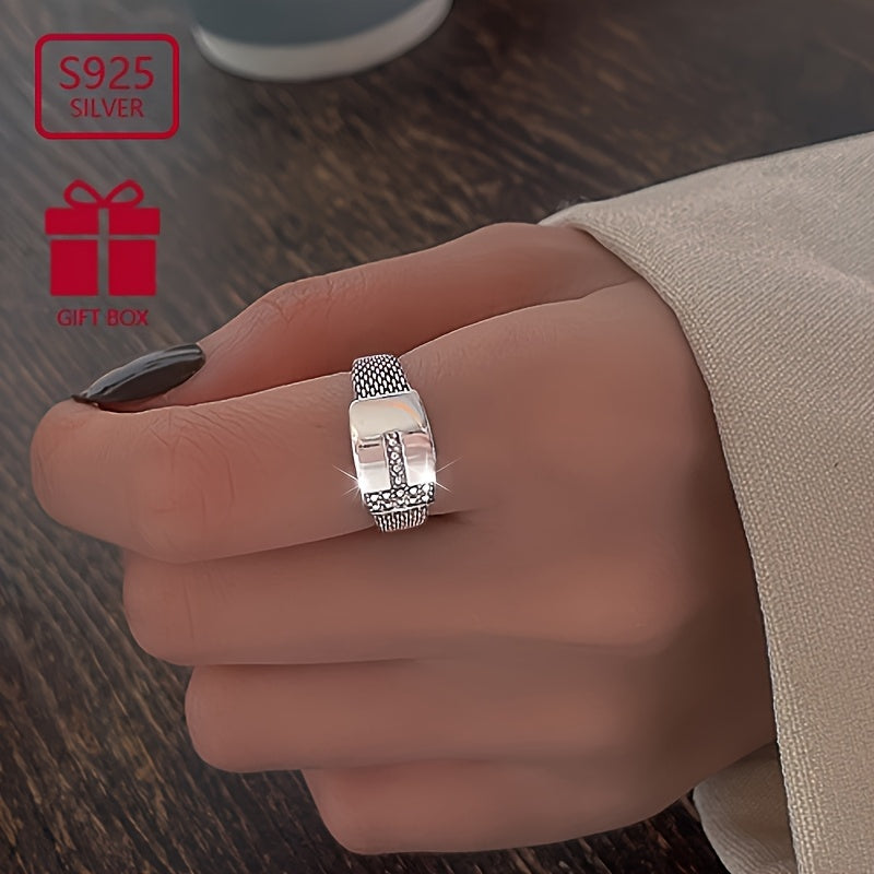 VIGG S925 Sterling Silver Hip Hop Style Geometric T-Shape Adjustable Open Ring for Men and Women, Unisex Punk Festival Fashion Jewelry, Perfect for Daily Wear and All Seasons