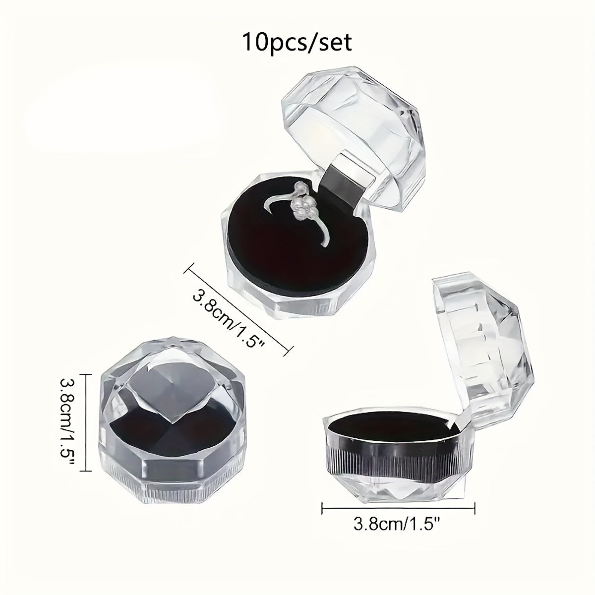 10 elegant octagonal crystal clear plastic ring boxes with metal interior - ideal for jewelry display, weddings, parties, and as jewelry boxes.