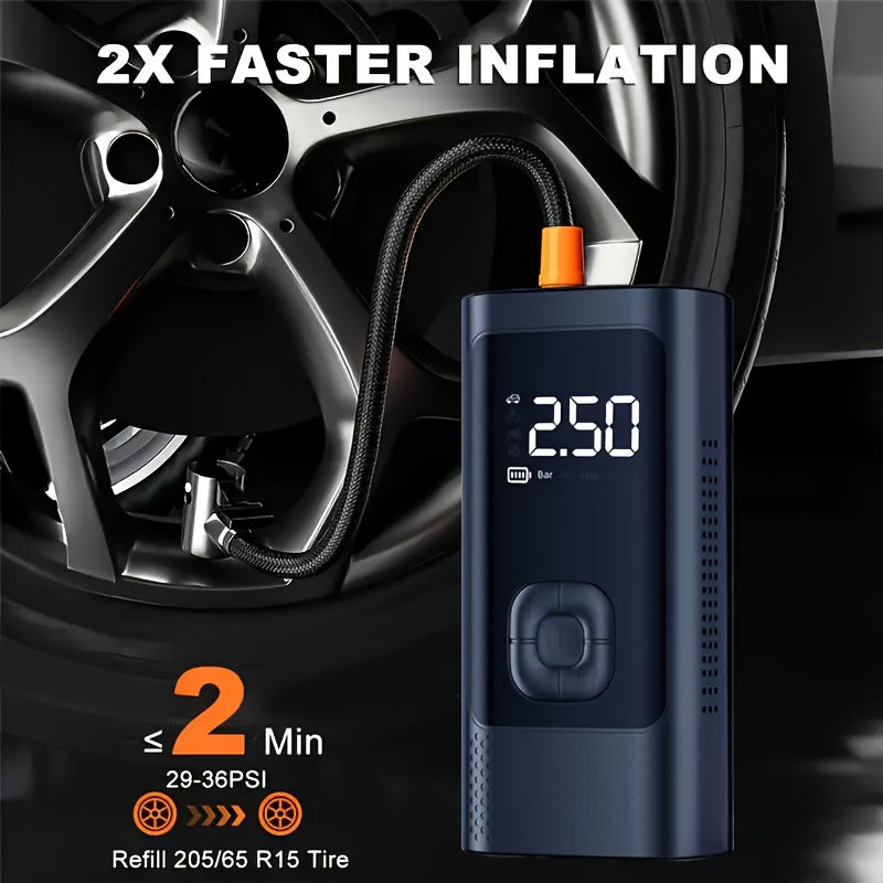 Rechargeable LED-lit tire inflator for cars, bikes, motorcycles, and sports balls. Perfect Father's Day gift.