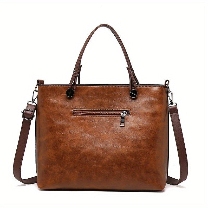 Vintage-style women's tote bag with adjustable strap, large capacity, multiple pockets, zipper closure, deep brown.