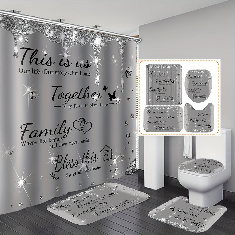 Set of 4 gray shower curtains with diamond letter print, bath mats, non-slip carpet, toilet lid cover, and bathtub partition for luxurious bathroom decor.