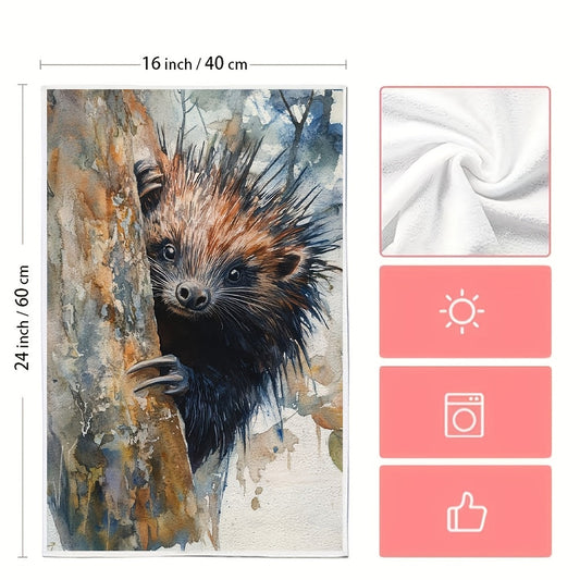 Peek-a-Boo Porcupine Kitchen Towels Set - Set of 2 Super Soft Towels with Adorable Porcupine Design, Great Absorbency & Easy Care, Modern Watercolor Style, 40.64x60.96 cm - Ideal for Festive Decor, Essential Kitchen Accessory|Watercolor Polyester Towels