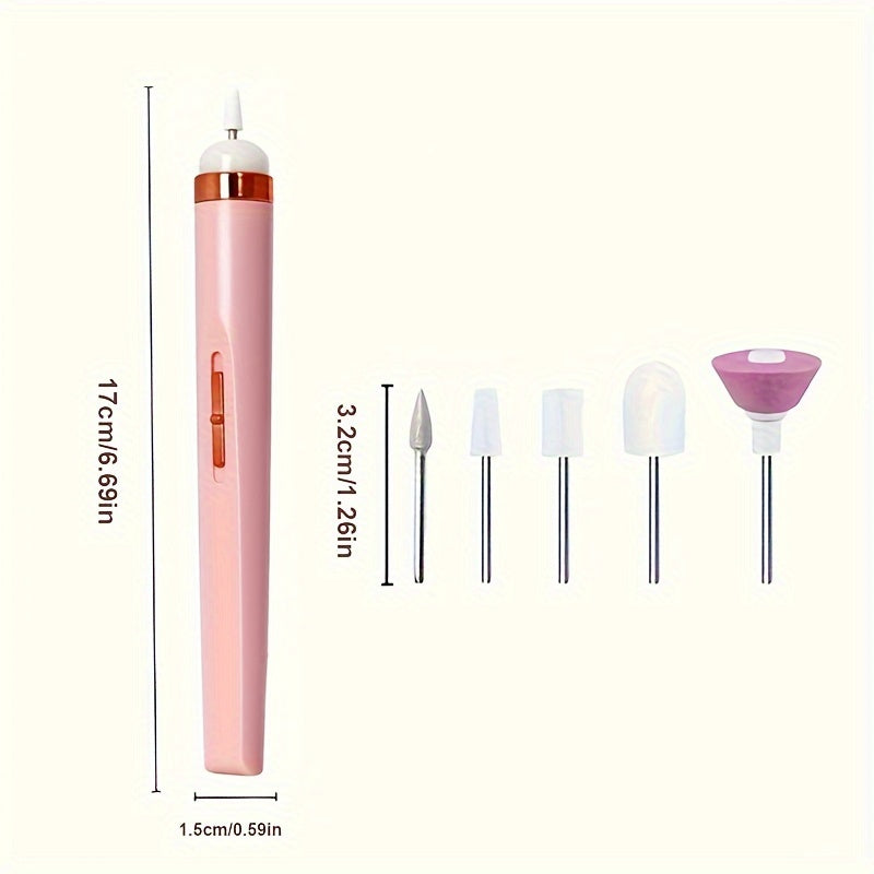 Portable electric nail drill with 5 attachment bits, LED light, adjustable speed, USB charge for manicure and nail care.