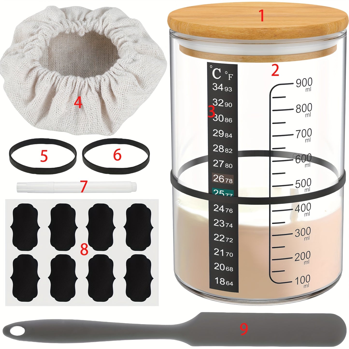 Large 900ML Sourdough Starter Jar Kit includes container, lid, spatula, tape, and thermometer. Wide mouth glass jar is ideal for baking sourdough bread.