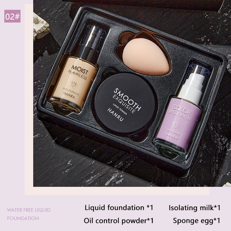 4 Pack Makeup Set with Isolation Liquid Foundation, Concealer, Loose Powder, and Oil Control. Contains plant Squalane. Ideal gift for Valentine's Day or Mother's Day.