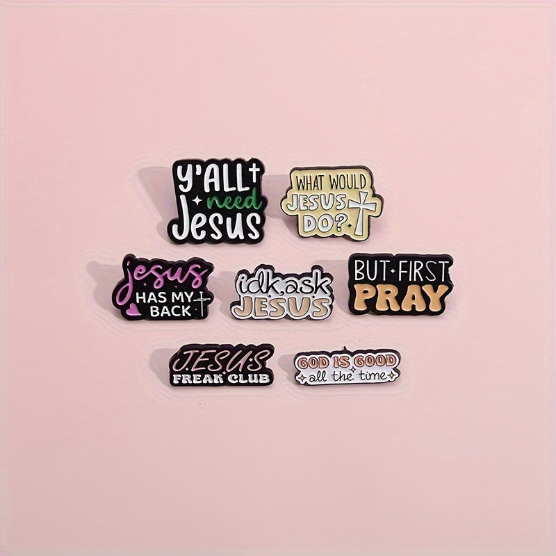 A set of 7 retro and cute enamel pins with inspirational English letter slogans. Perfect for adding a touch of geometric fashion to your clothing.