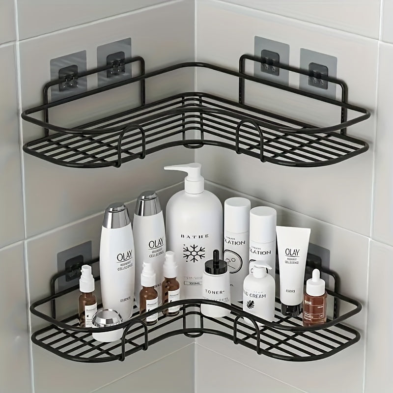 Wall-mounted bathroom organizer for shampoo, conditioner, and lotion, the 1pc Durable No-Drill Corner Shower Caddy is a water-resistant, easy-to-install, space-efficient toilet accessory shelf.