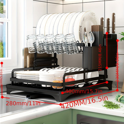 This 2-Tier Iron Dish Drying Rack comes with a Drainboard, Cutlery Holder, Knife Block, and Glass Holder. It serves as a Kitchen Countertop Plate Bowl Organizer and makes the perfect gift for Women on Mother's Day.