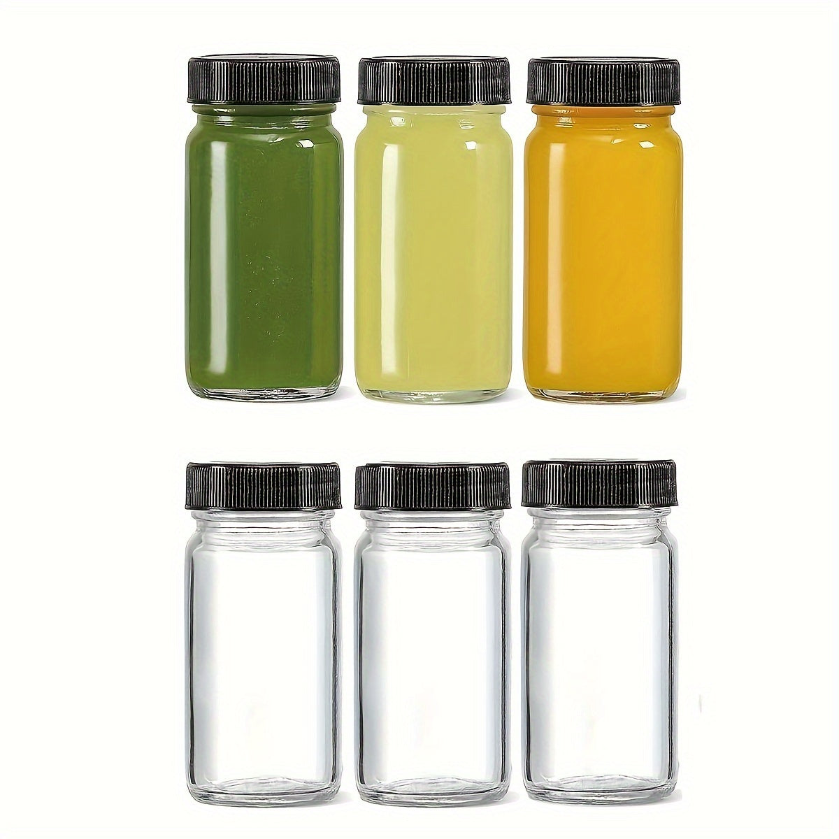 6 Mini Glass Spray Bottles with Black Lids - Reusable and Hand Wash Only. Ideal for Juice, Health Sprays, Samples, Whiskey, and Liquids.