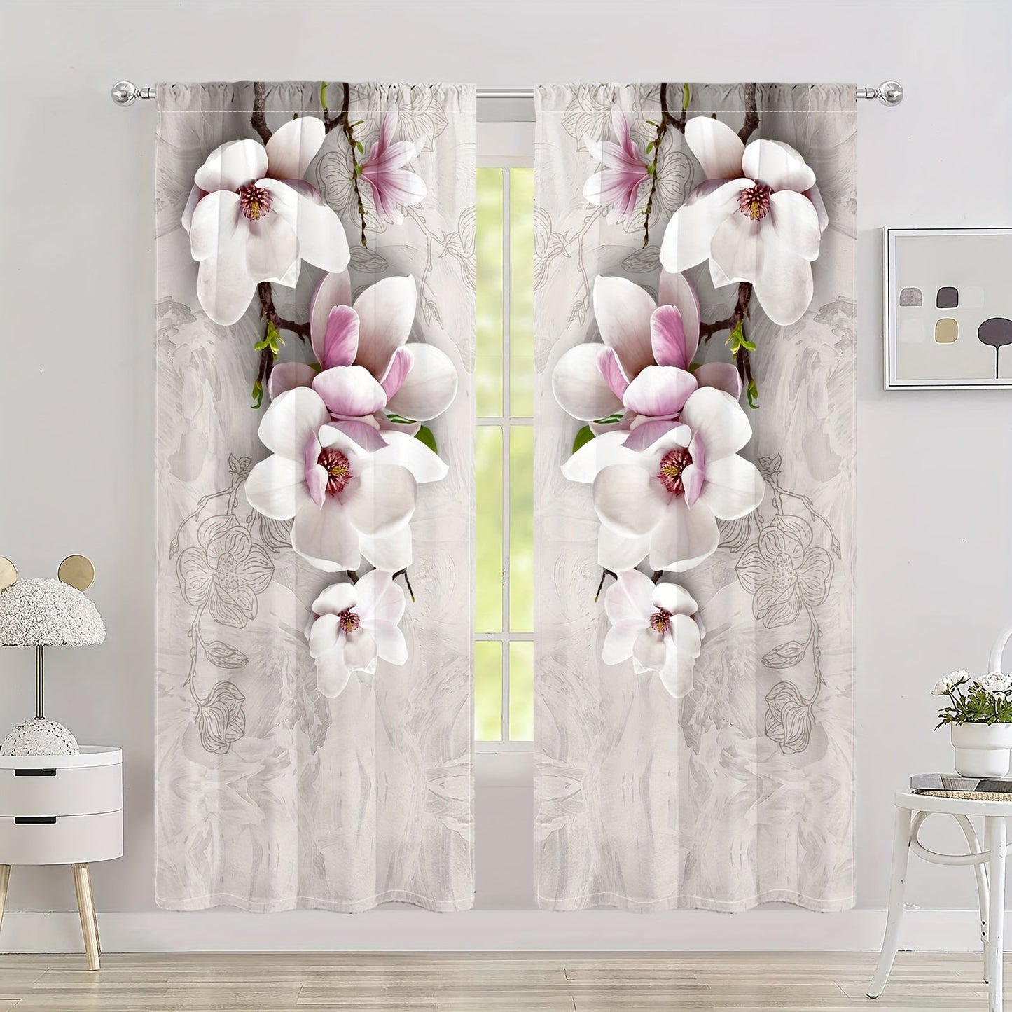 Set of 2 Magnolia Patterned Semi-Blackout Curtains with Rod Pocket, Perfect for Study, Bedroom, Kitchen, Living Room, Playroom, Office, or Patio Décor