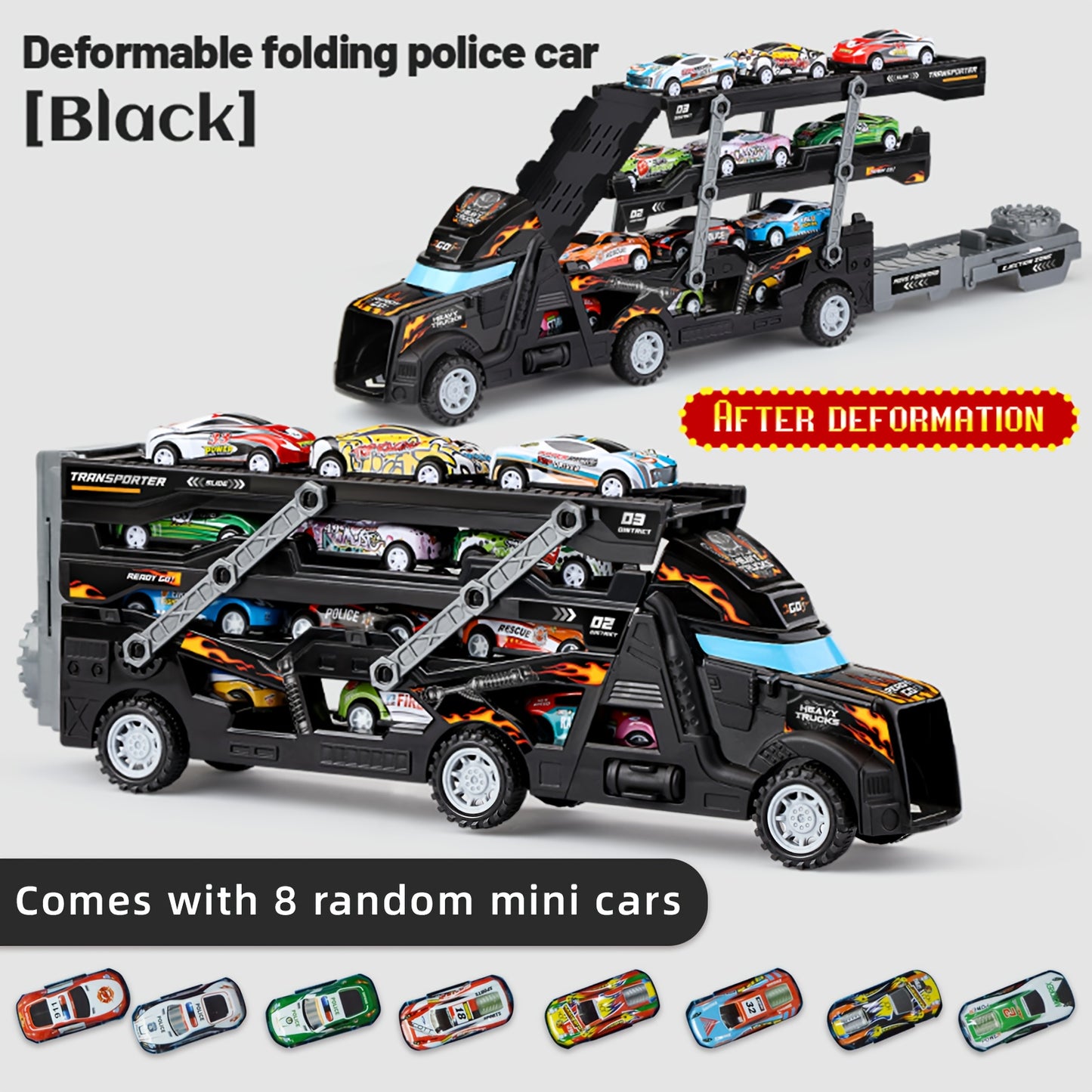 Jovow Transforming Police Toy Car includes 8 mini cars, retractable design, black with blue flames and racing car graphics. Perfect gift for boys and girls for imaginative play.