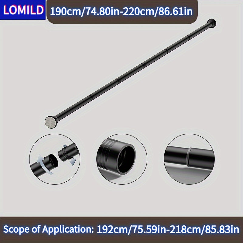 Lomild stainless steel tension shower curtain rod in black, extendable for hanging clothes or curtains without drilling, suitable for use in bedroom, bathroom, or balcony.