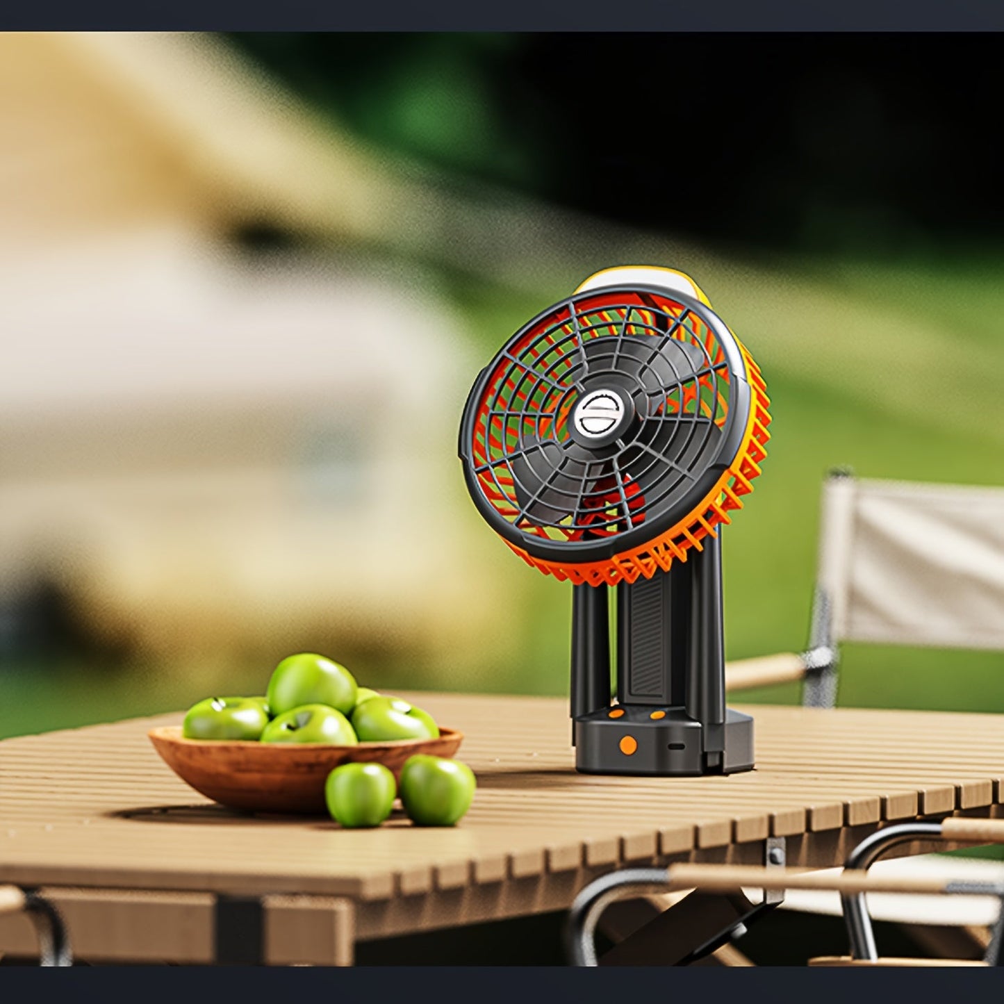 Compact and quiet portable camping fan with auto-oscillation, USB rechargeable and built-in battery for use at home, office, or outdoors.