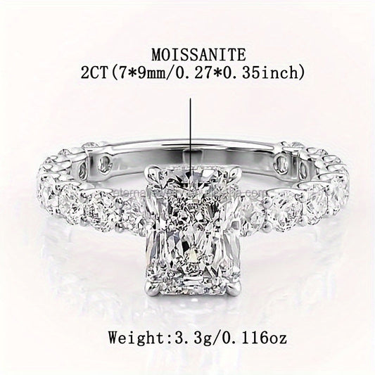 Rectangular Moissanite Prong Set Engagement Ring in 925 Sterling Silver, 2ct for Women. Features an Elegant Personality Style, Perfect for Boho and Holiday Looks. Ideal for proposing, weddings, Valentine's Day, Mother's Day. Makes a delicate gift and