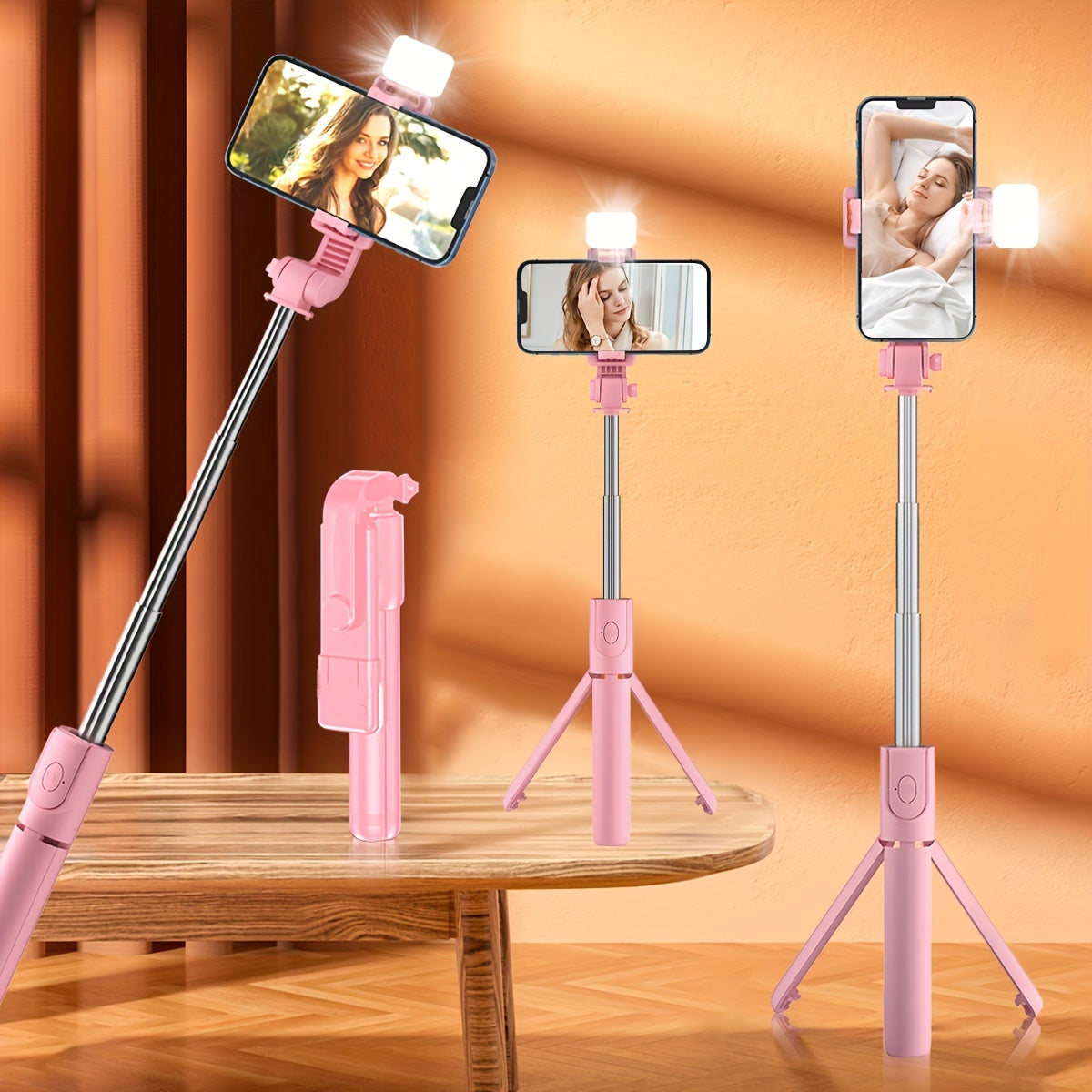 Universal selfie stick with tripod, wireless remote, ring light, built-in battery for live streaming and recording videos.