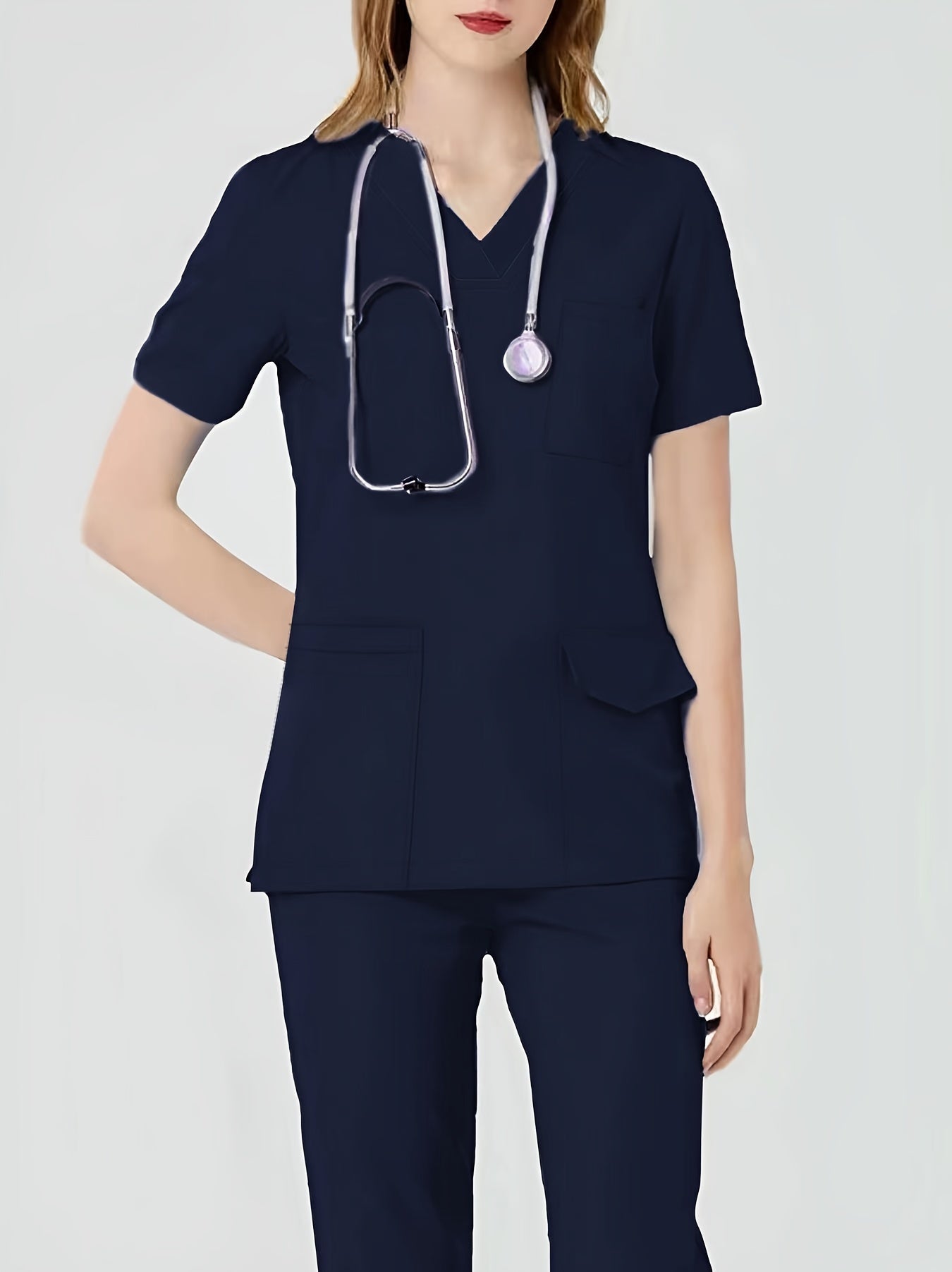 Women's Health Care Uniform Set: Cozy V-neck Top with Pockets and Solid Pants