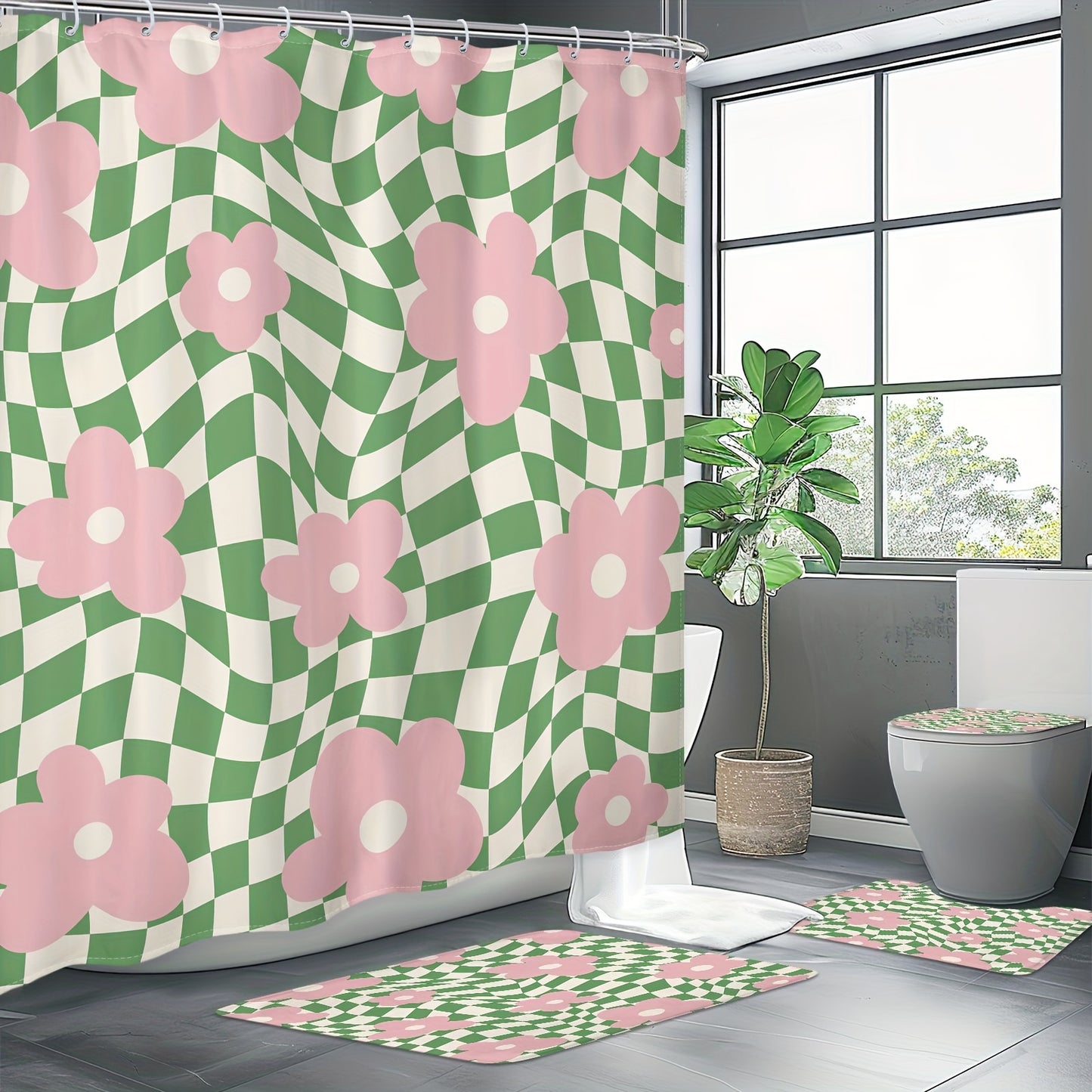 Waterproof polyester shower curtain with pink and green floral checkered design. 152.4x182.88 cm, includes hooks, machine washable. Ideal for teen bathroom decor. Provides shower privacy and vibrant bathroom decor. Easy to install.