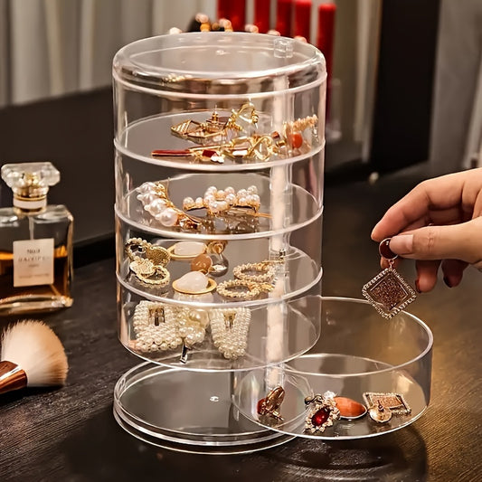 5-Tier Jewelry Box with Rotating Earrings and Bracelet Organizer, Clear and Dustproof Lid, Multi-functional Tabletop Storage, Plastic Accessory Holder.