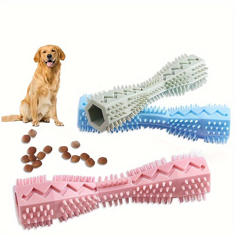 Soft rubber dog toothbrush toy for interactive cleaning and chewing.