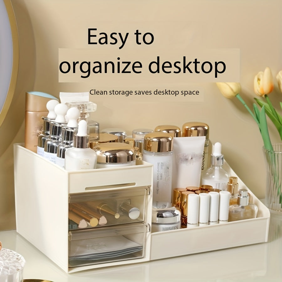 Clear acrylic makeup organizer with drawers for skincare, brushes, and accessories. Ideal for bathroom organization.