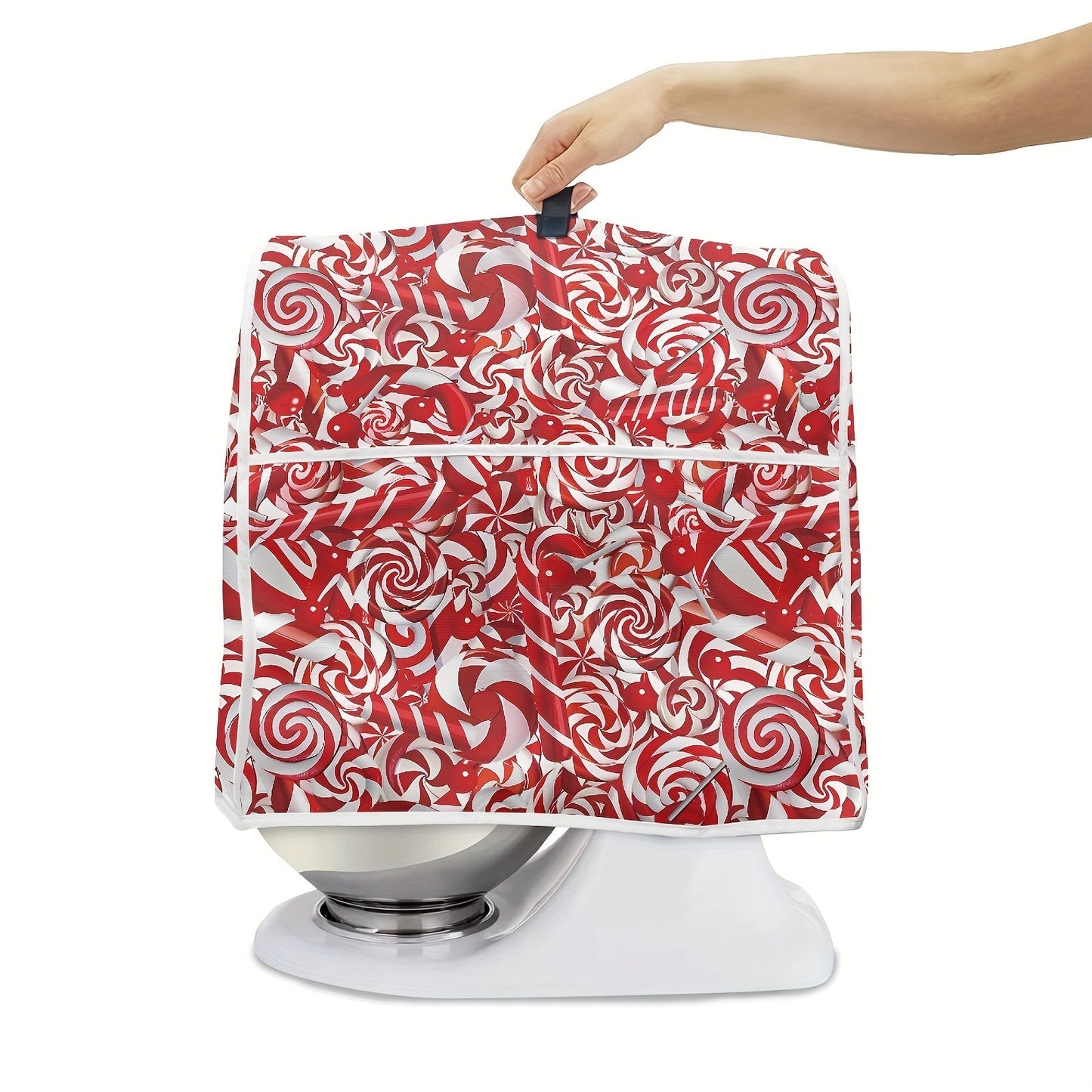 Get into the holiday spirit with this Festive Candy Cane, Santa & Lights Stand Mixer Cover! Designed for 5-8 Qt KitchenAid Mixers and Coffee Machines, this accessory is perfect for adding a touch of Christmas cheer to your kitchen. Easy to clean and