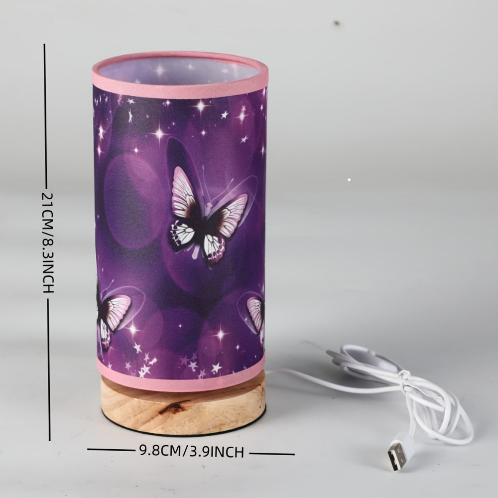 Purple butterfly table lamp with wood base - ideal for bedside or room decor.