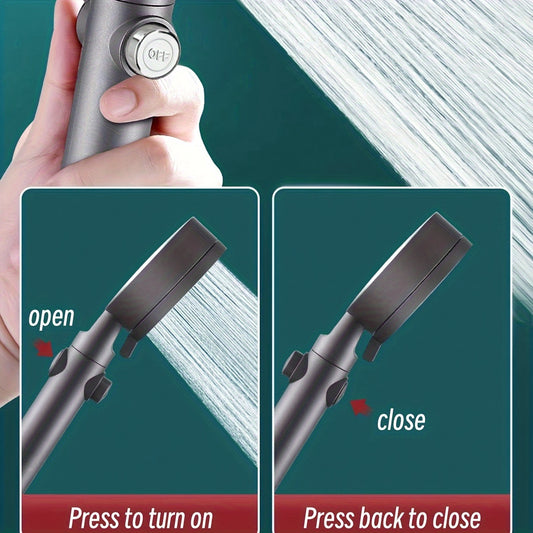 5-mode handheld shower head set with on/off switch and universal connector, suitable for European and American thread standards.