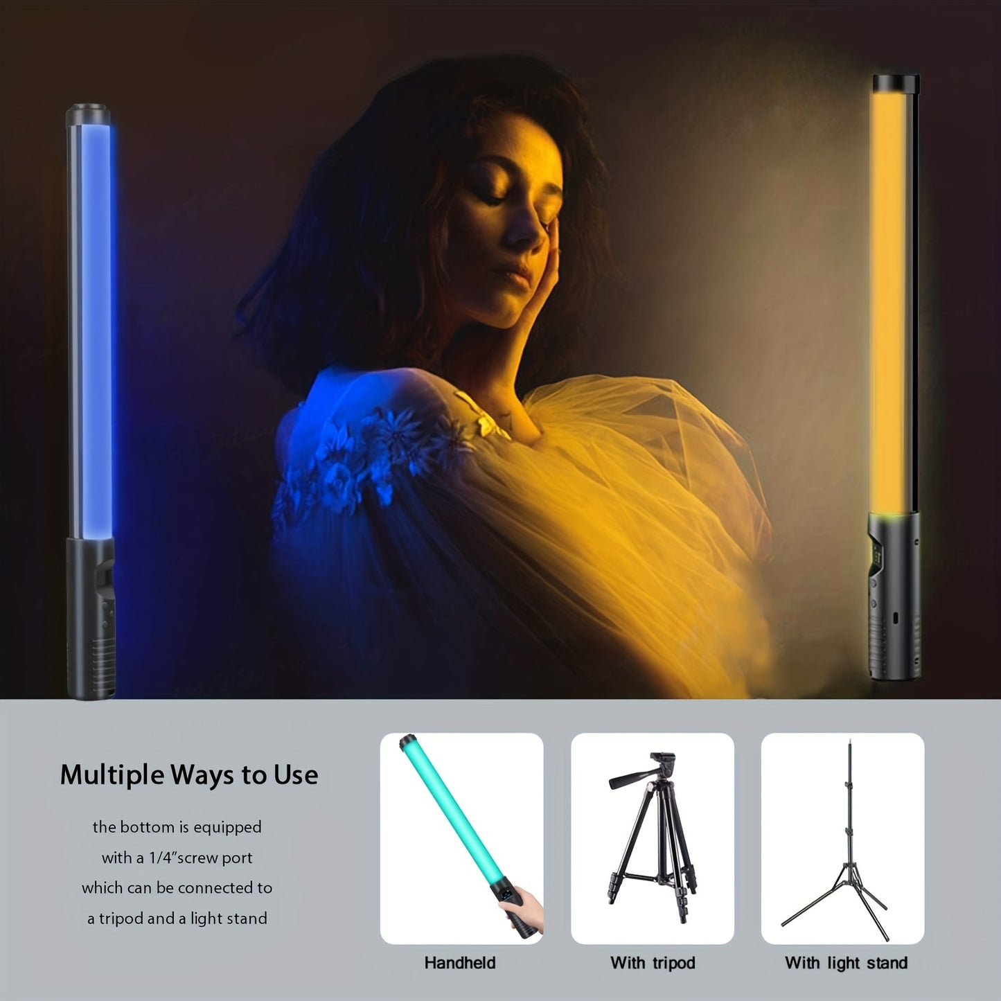 RGB LED Light Wand with adjustable brightness and temperature, USB rechargeable for parties and studio lighting.