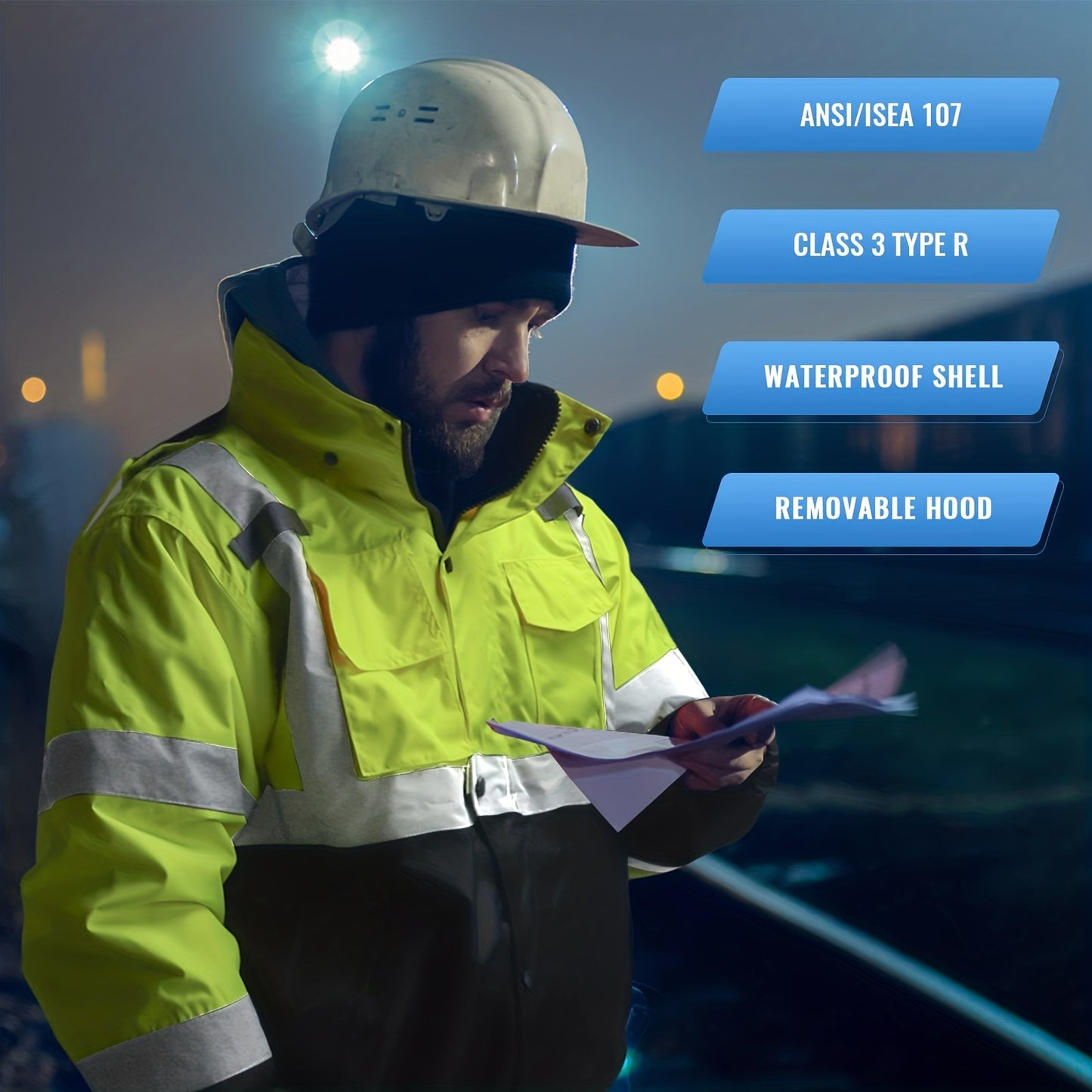 High visibility reflective safety jackets with pockets for men and women, waterproof and suitable for cold weather construction work. Work coats by DP Safety.