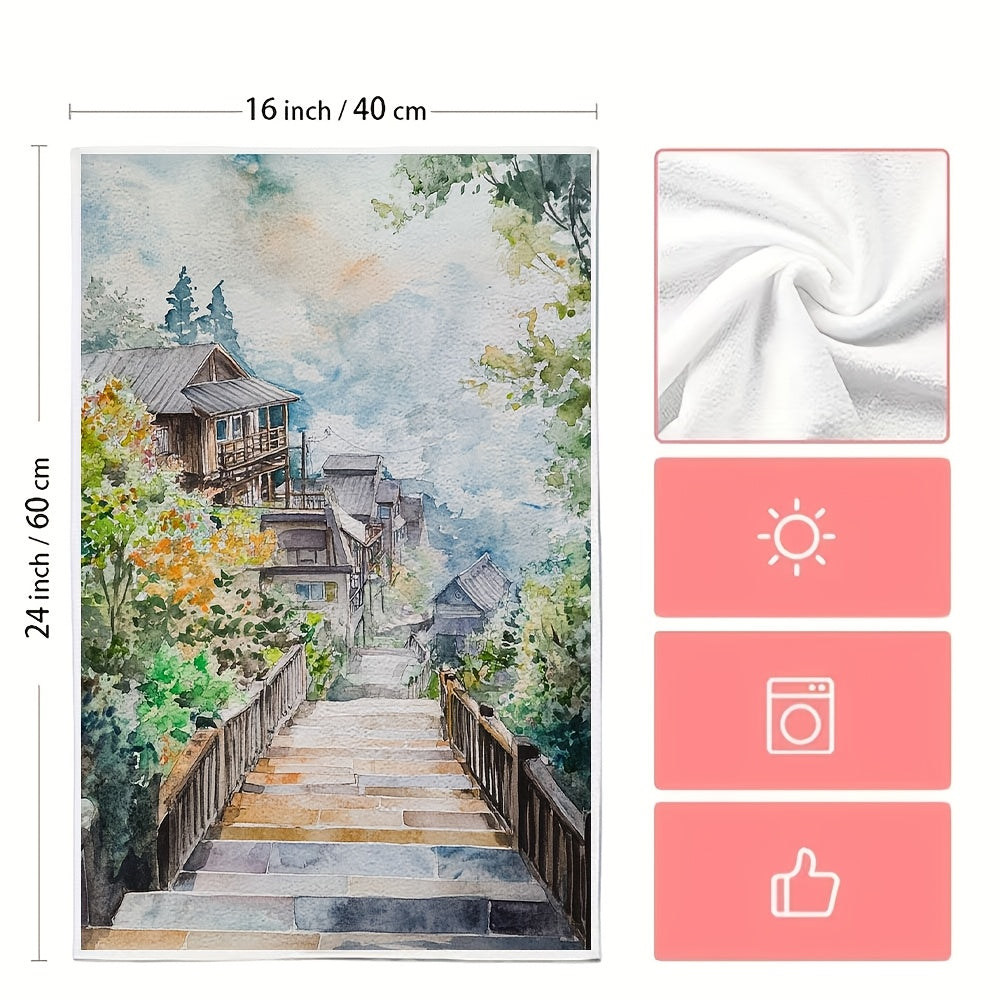 Set of 2 Ultra Soft Kitchen Towels featuring Pallet Town Scenic Design, Exceptionally Absorbent & Easy to Clean Dish Hand Towels, Size 40.64x60.96 cm - Perfect for Holiday Decoration & Daily Use in the Kitchen, Dish Towels