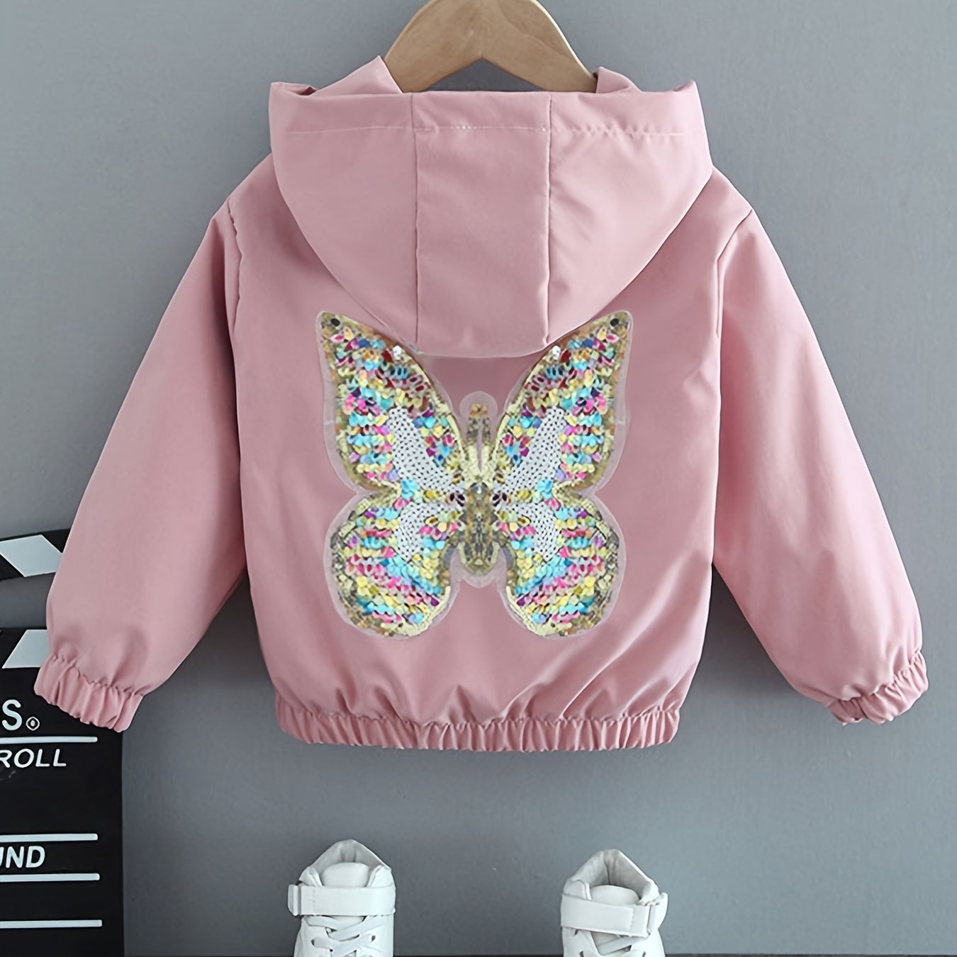 Stunning butterfly hooded jacket with sequins, perfect for casual wear in spring and fall.